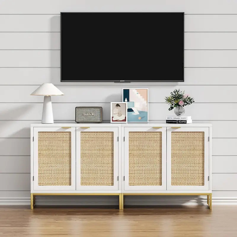 Buffet de ferme blanc avec portes en rotin naturel, base en métal doré et 2 compartiments de rangement, 80 cm