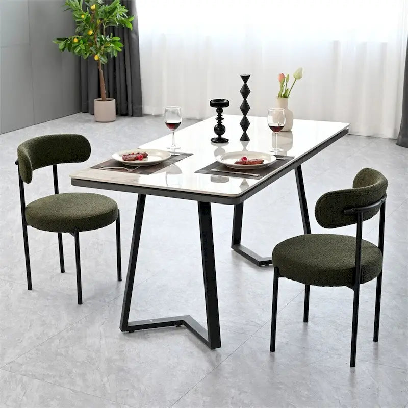 Chaises de salle à manger modernes du milieu du siècle en velours blanc/gris/vert/marron avec dossier incurvé et pieds en métal noir, lot de 2