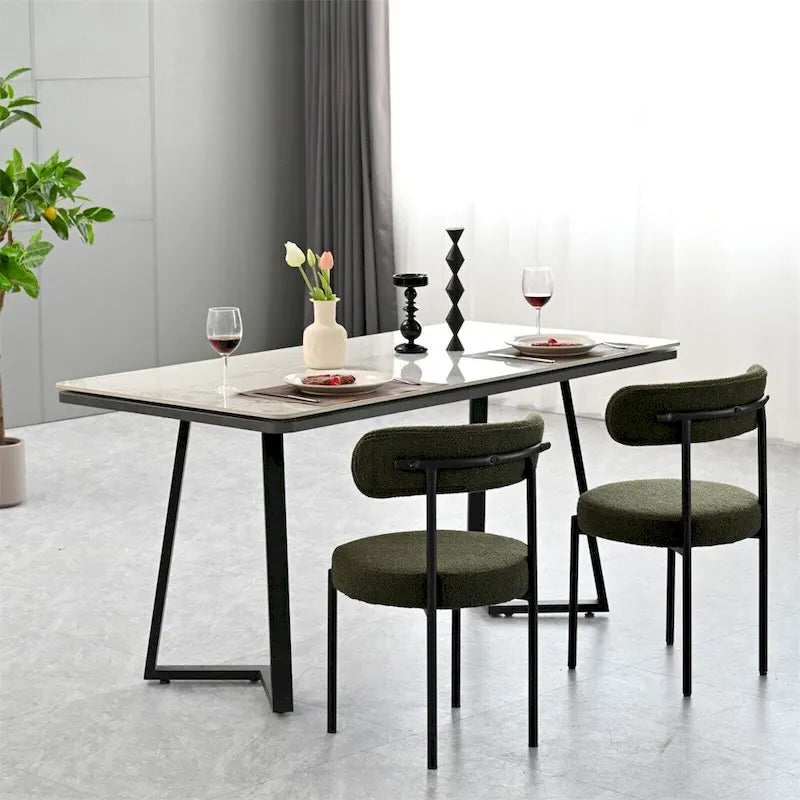 Chaises de salle à manger modernes du milieu du siècle en velours blanc/gris/vert/marron avec dossier incurvé et pieds en métal noir, lot de 2