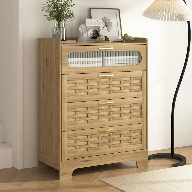 Commode moderne en MDF plaqué bois naturel et doré avec de grands tiroirs, un plateau tissé, une porte en acrylique et des glissières à billes, 2 tailles