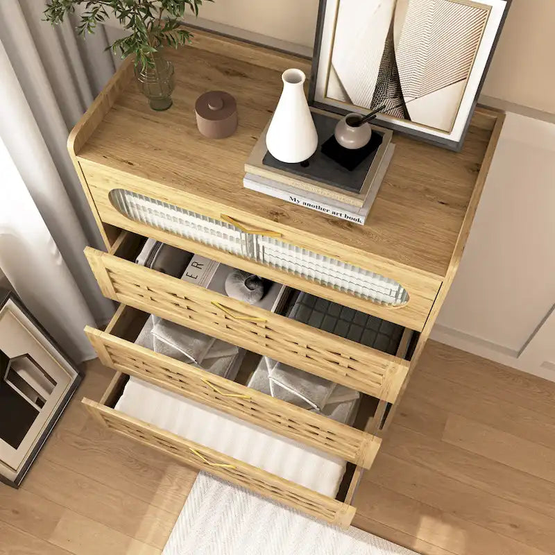 Commode moderne en MDF plaqué bois naturel et doré avec de grands tiroirs, un plateau tissé, une porte en acrylique et des glissières à billes, 2 tailles