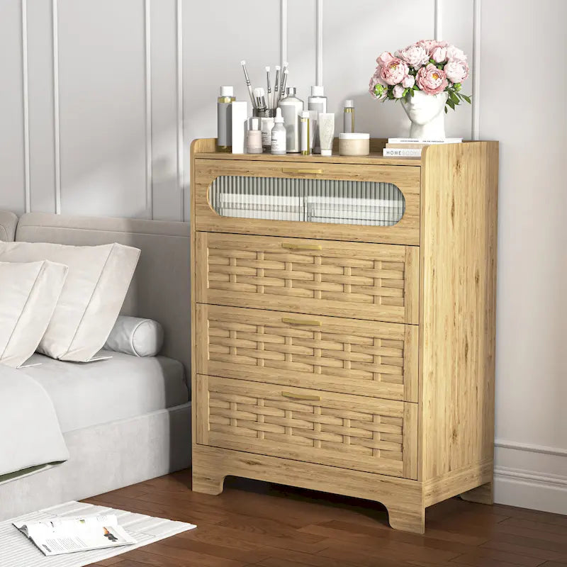 Commode moderne en MDF plaqué bois naturel et doré avec de grands tiroirs, un plateau tissé, une porte en acrylique et des glissières à billes, 2 tailles