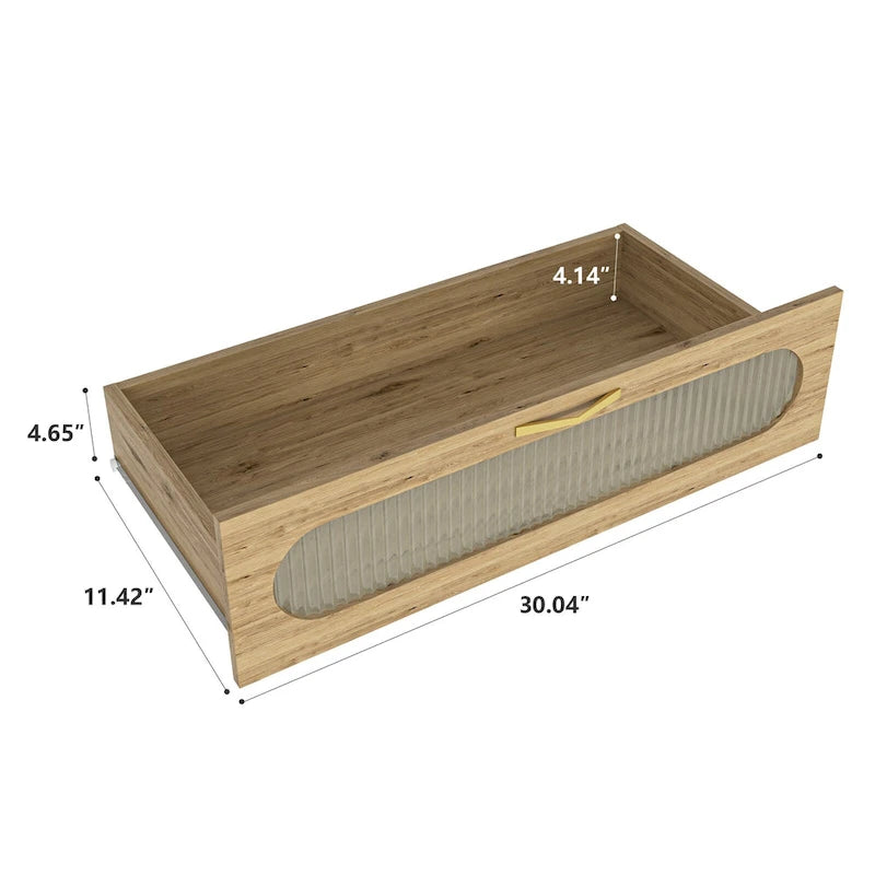 Commode moderne en MDF plaqué bois naturel et doré avec de grands tiroirs, un plateau tissé, une porte en acrylique et des glissières à billes, 2 tailles