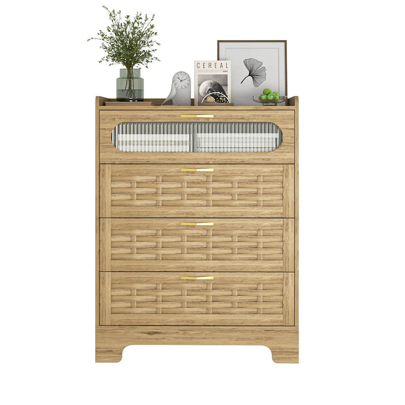 Commode moderne en MDF plaqué bois naturel et doré avec de grands tiroirs, un plateau tissé, une porte en acrylique et des glissières à billes, 2 tailles