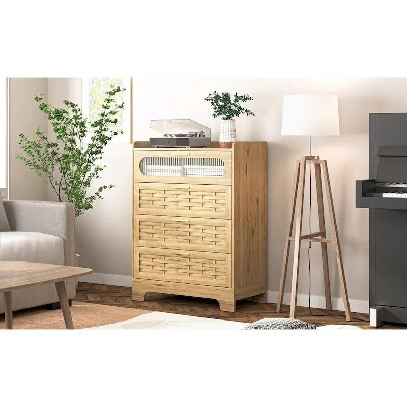 Commode moderne en MDF plaqué bois naturel et doré avec de grands tiroirs, un plateau tissé, une porte en acrylique et des glissières à billes, 2 tailles