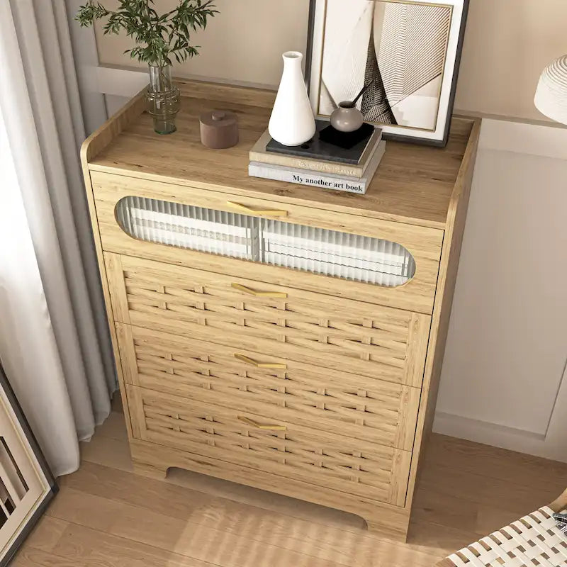 Commode moderne en MDF plaqué bois naturel et doré avec de grands tiroirs, un plateau tissé, une porte en acrylique et des glissières à billes, 2 tailles
