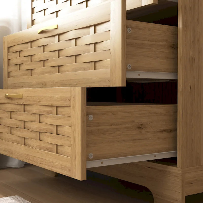 Commode moderne en MDF plaqué bois naturel et doré avec de grands tiroirs, un plateau tissé, une porte en acrylique et des glissières à billes, 2 tailles