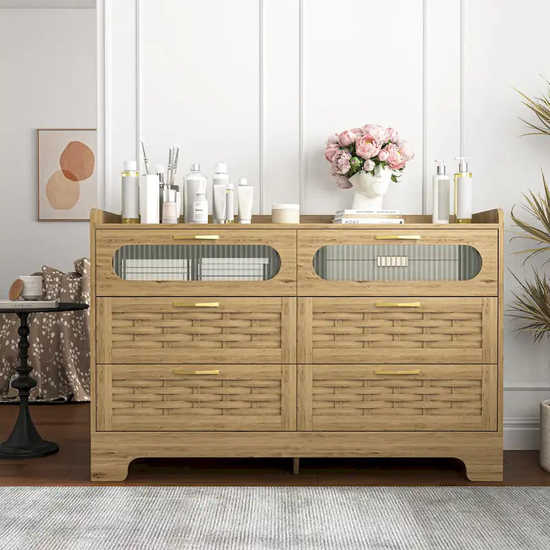 Commode moderne en MDF plaqué bois naturel et doré avec de grands tiroirs, un plateau tissé, une porte en acrylique et des glissières à billes, 2 tailles