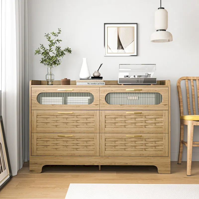 Commode moderne en MDF plaqué bois naturel et doré avec de grands tiroirs, un plateau tissé, une porte en acrylique et des glissières à billes, 2 tailles