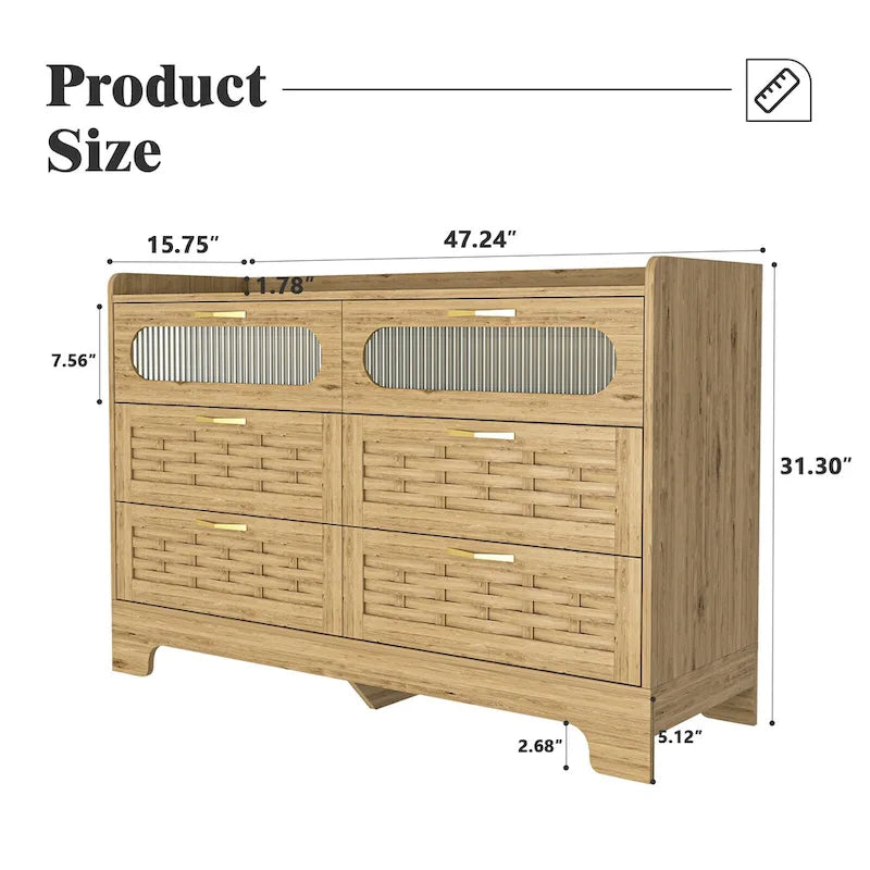 Commode moderne en MDF plaqué bois naturel et doré avec de grands tiroirs, un plateau tissé, une porte en acrylique et des glissières à billes, 2 tailles
