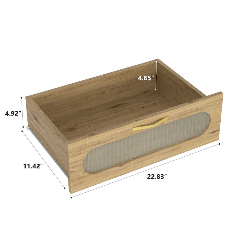 Commode moderne en MDF plaqué bois naturel et doré avec de grands tiroirs, un plateau tissé, une porte en acrylique et des glissières à billes, 2 tailles