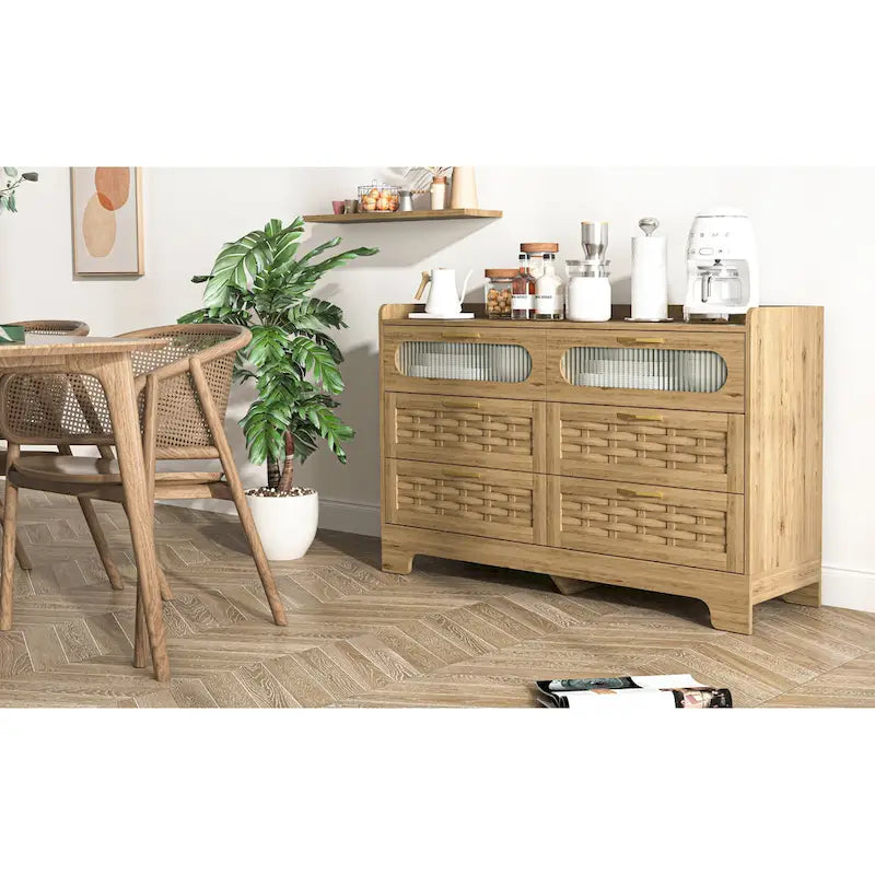 Commode moderne en MDF plaqué bois naturel et doré avec de grands tiroirs, un plateau tissé, une porte en acrylique et des glissières à billes, 2 tailles