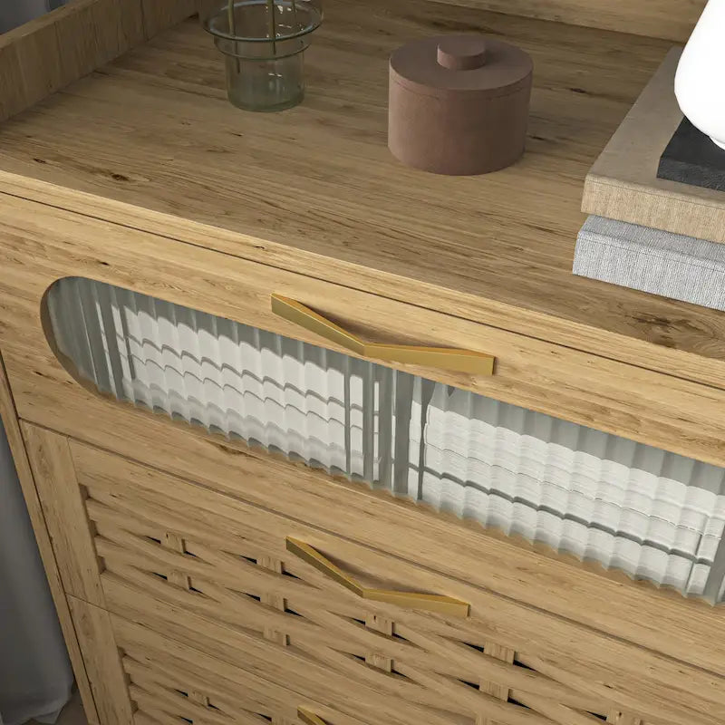 Commode moderne en MDF plaqué bois naturel et doré avec de grands tiroirs, un plateau tissé, une porte en acrylique et des glissières à billes, 2 tailles
