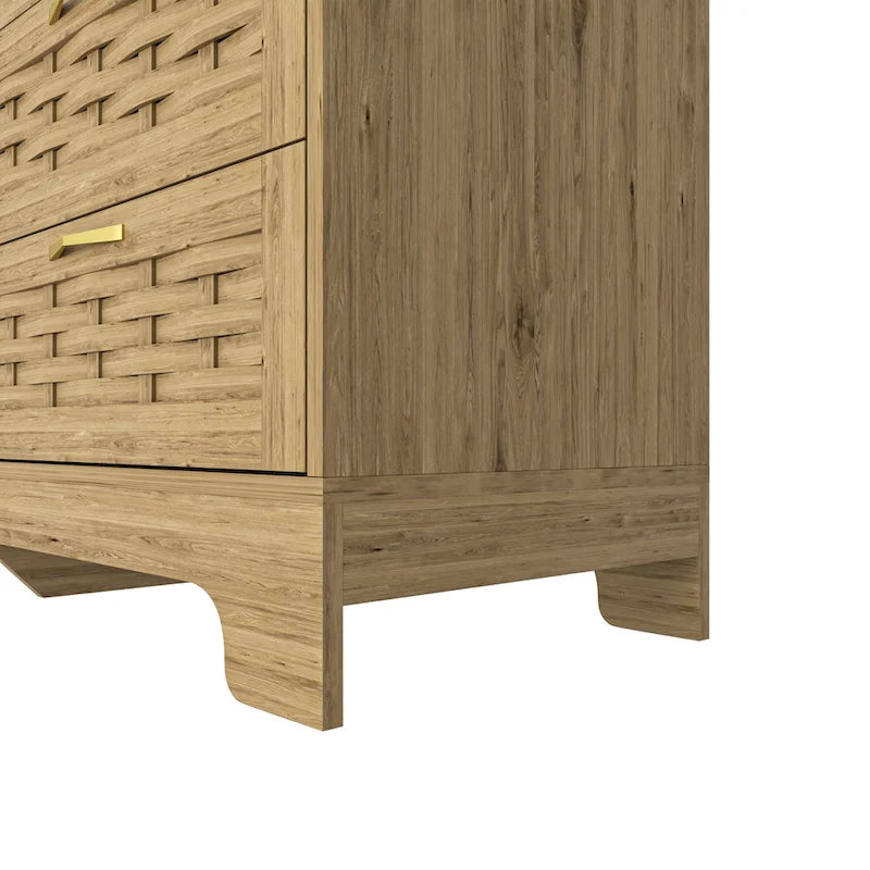 Commode moderne en MDF plaqué bois naturel et doré avec de grands tiroirs, un plateau tissé, une porte en acrylique et des glissières à billes, 2 tailles