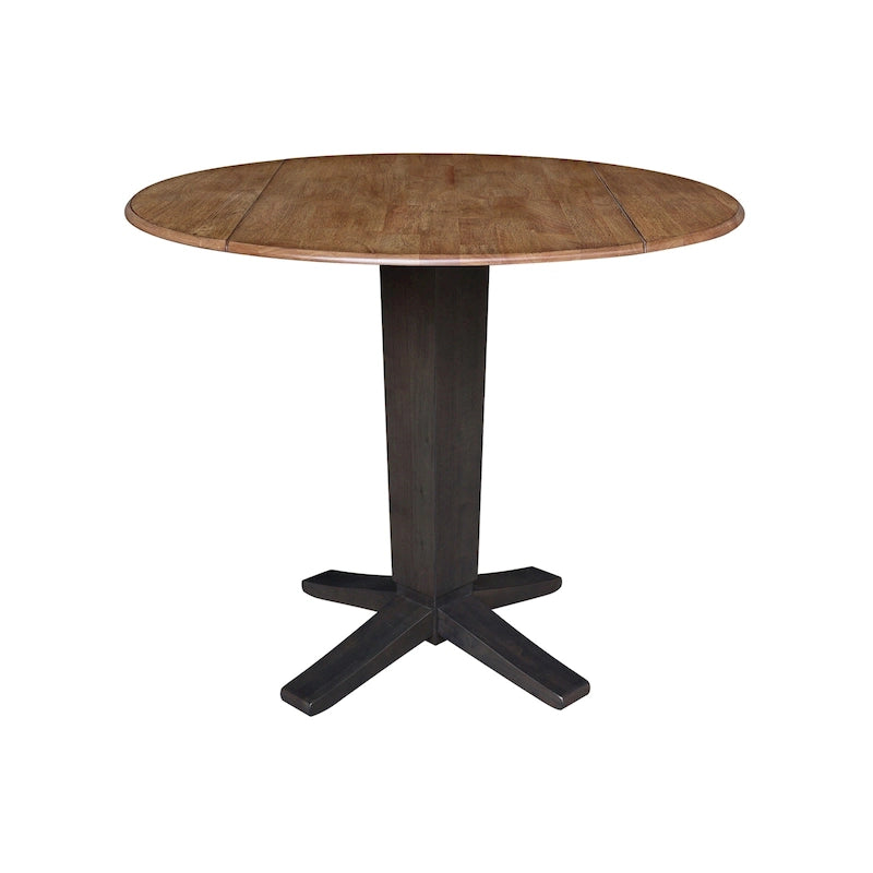 Table de salle à manger piédestal à hauteur de comptoir avec rallonges rondes en parawood, coloris noir / Hickory et charbon délavé, 42 pouces, 2 personnes
