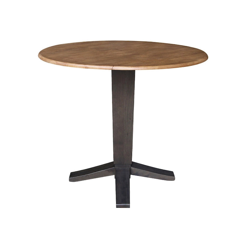 Table de salle à manger piédestal à hauteur de comptoir avec rallonges rondes en parawood, coloris noir / Hickory et charbon délavé, 42 pouces, 2 personnes