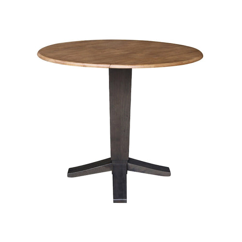 Table de salle à manger piédestal à hauteur de comptoir avec rallonges rondes en parawood, coloris noir / Hickory et charbon délavé, 42 pouces, 2 personnes