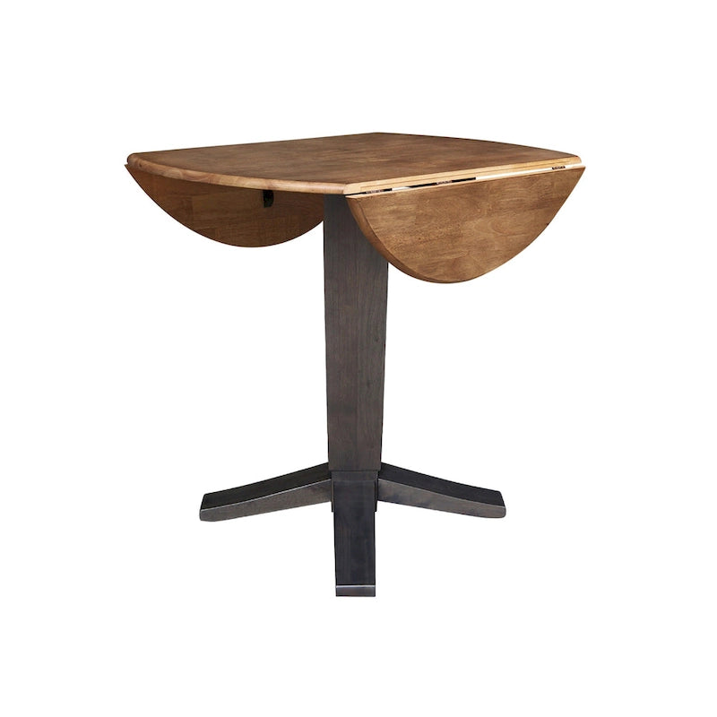 Table de salle à manger piédestal à hauteur de comptoir avec rallonges rondes en parawood, coloris noir / Hickory et charbon délavé, 42 pouces, 2 personnes
