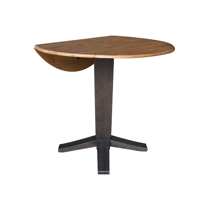 Table de salle à manger piédestal à hauteur de comptoir avec rallonges rondes en parawood, coloris noir / Hickory et charbon délavé, 42 pouces, 2 personnes