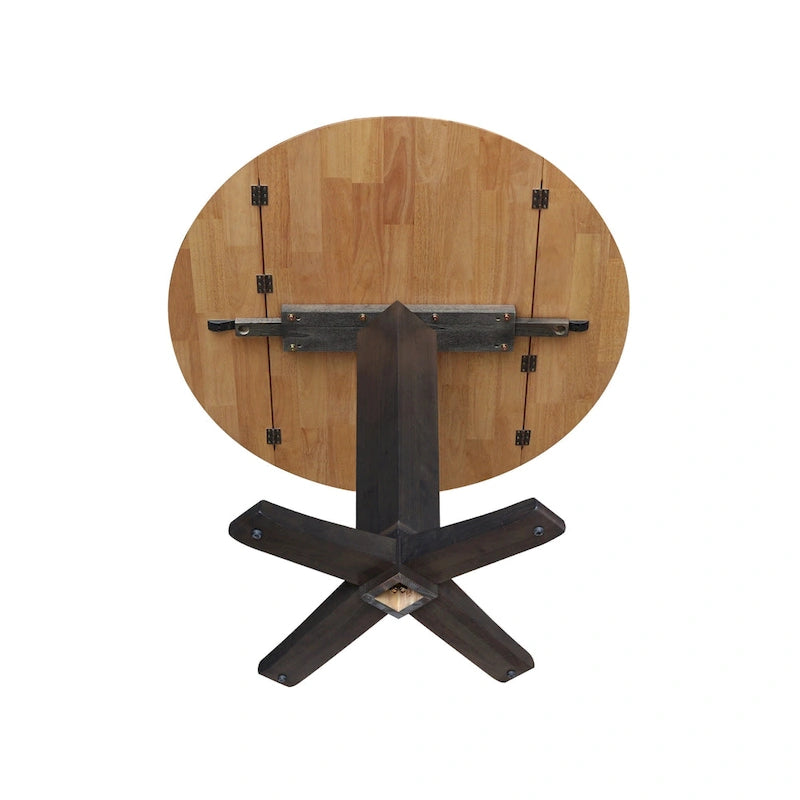 Table de salle à manger piédestal à hauteur de comptoir avec rallonges rondes en parawood, coloris noir / Hickory et charbon délavé, 42 pouces, 2 personnes