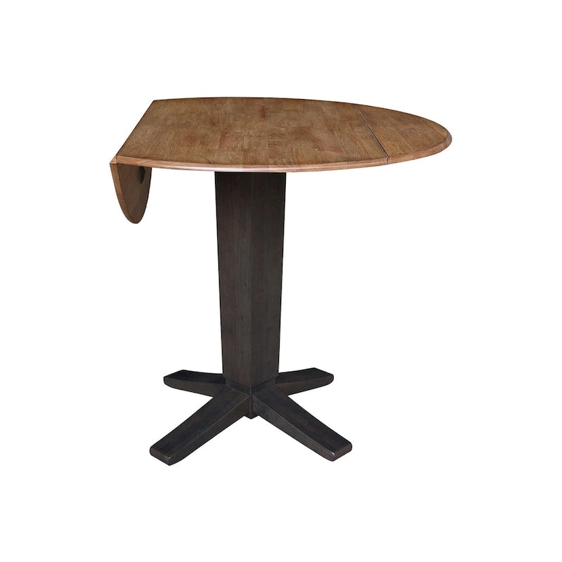 Table de salle à manger piédestal à hauteur de comptoir avec rallonges rondes en parawood, coloris noir / Hickory et charbon délavé, 42 pouces, 2 personnes