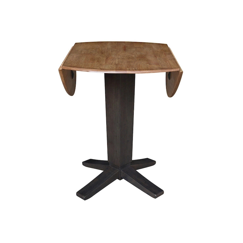 Table de salle à manger piédestal à hauteur de comptoir avec rallonges rondes en parawood, coloris noir / Hickory et charbon délavé, 42 pouces, 2 personnes