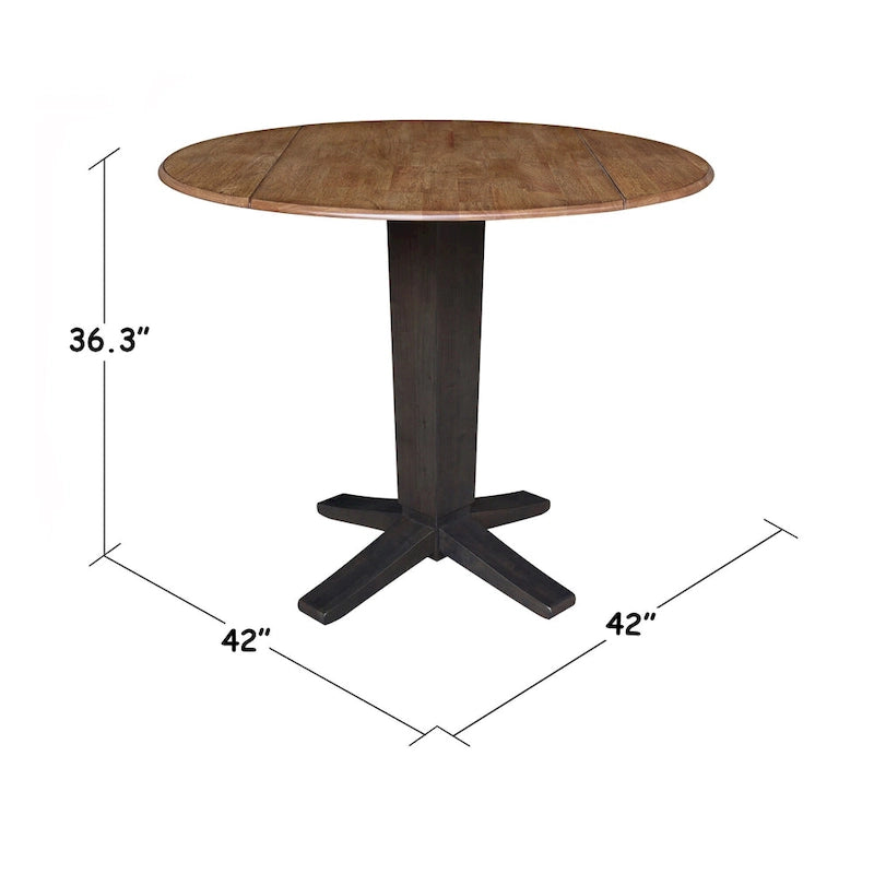 Table de salle à manger piédestal à hauteur de comptoir avec rallonges rondes en parawood, coloris noir / Hickory et charbon délavé, 42 pouces, 2 personnes