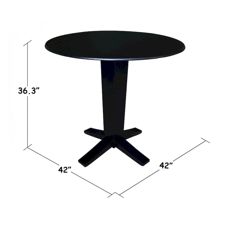 Table de salle à manger piédestal à hauteur de comptoir avec rallonges rondes en parawood, coloris noir / Hickory et charbon délavé, 42 pouces, 2 personnes