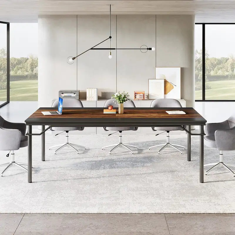 Table de conférence industrielle rustique marron et noire à plateau en bois et piètement en acier, 6-8 personnes