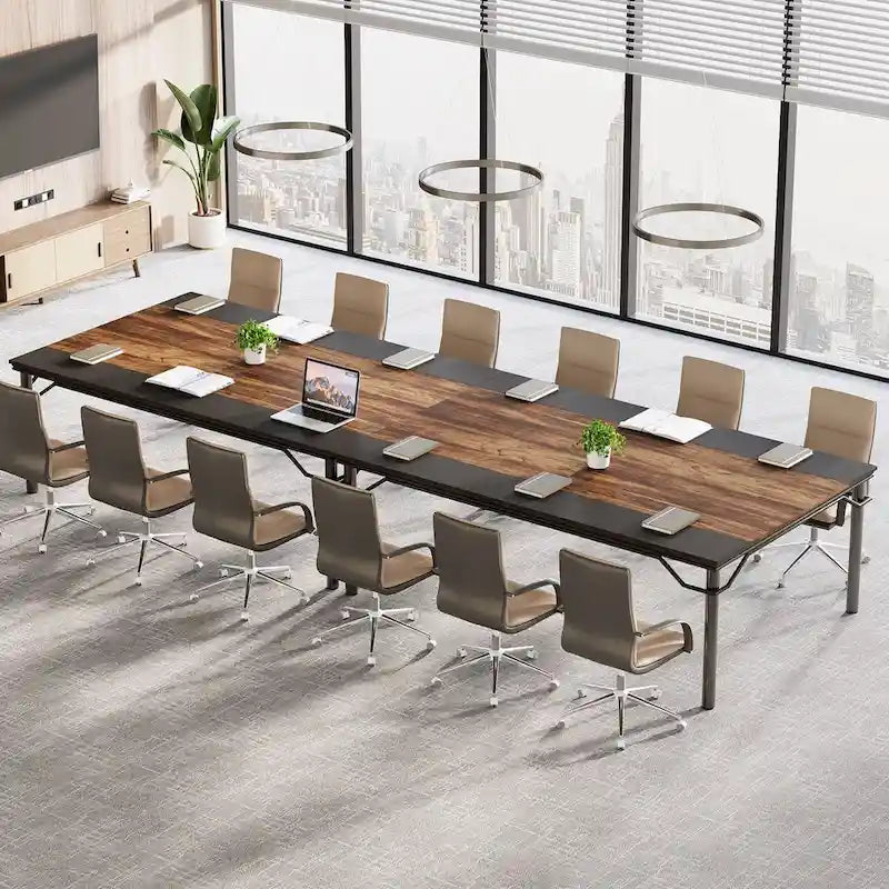 Table de conférence industrielle rustique marron et noire à plateau en bois et piètement en acier, 6-8 personnes