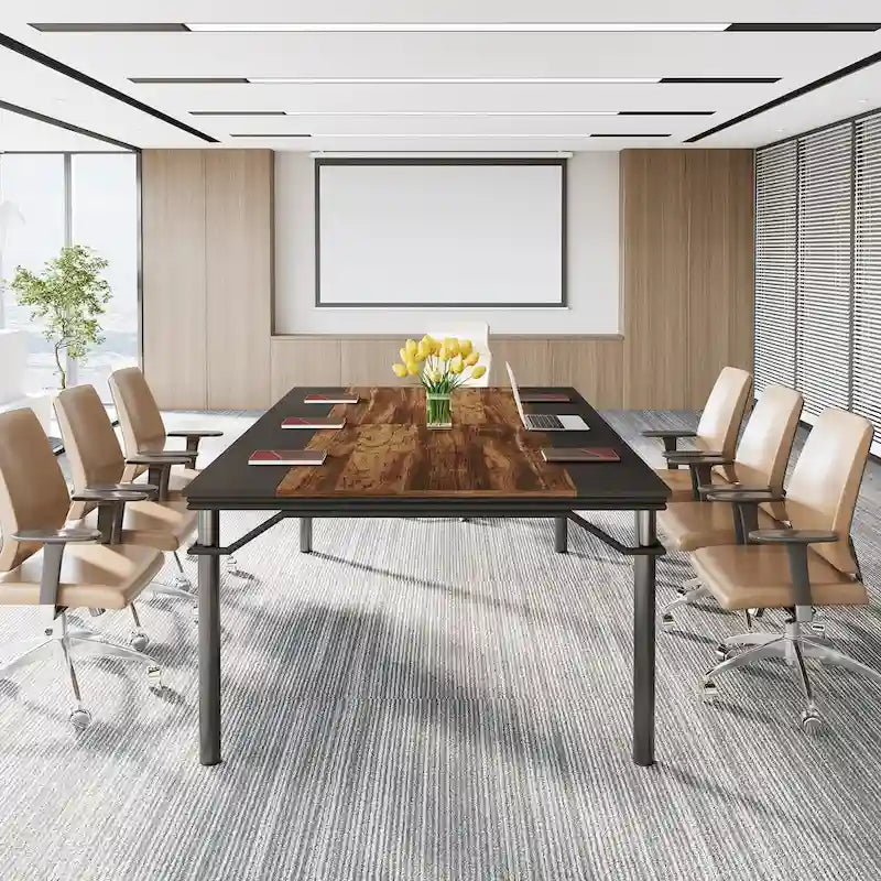 Table de conférence industrielle rustique marron et noire à plateau en bois et piètement en acier, 6-8 personnes