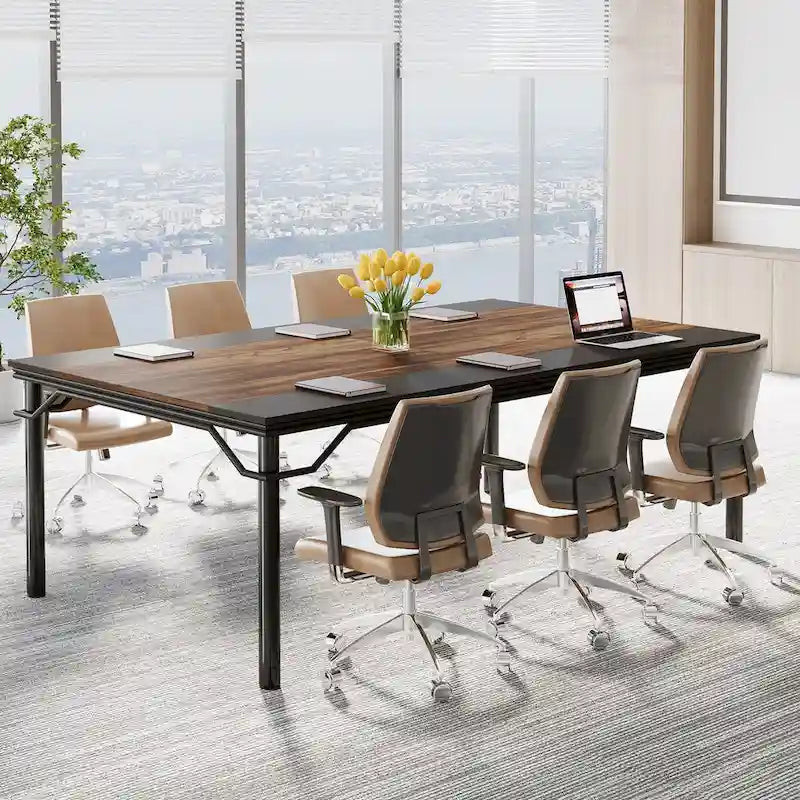Table de conférence industrielle rustique marron et noire à plateau en bois et piètement en acier, 6-8 personnes