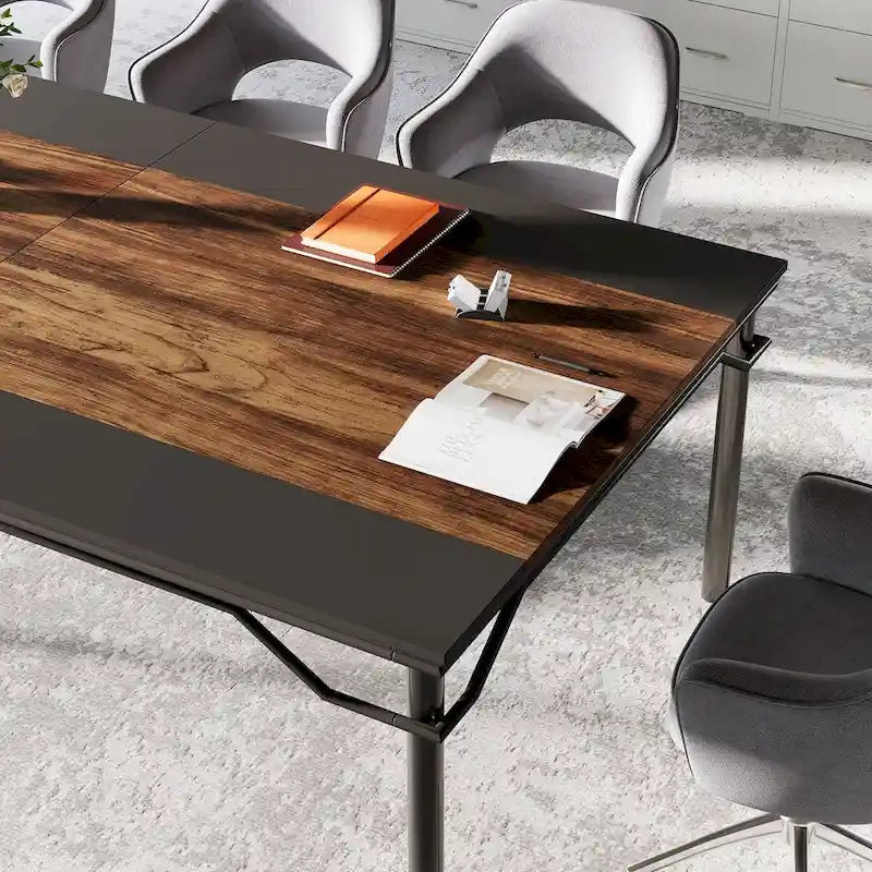Table de conférence industrielle rustique marron et noire à plateau en bois et piètement en acier, 6-8 personnes