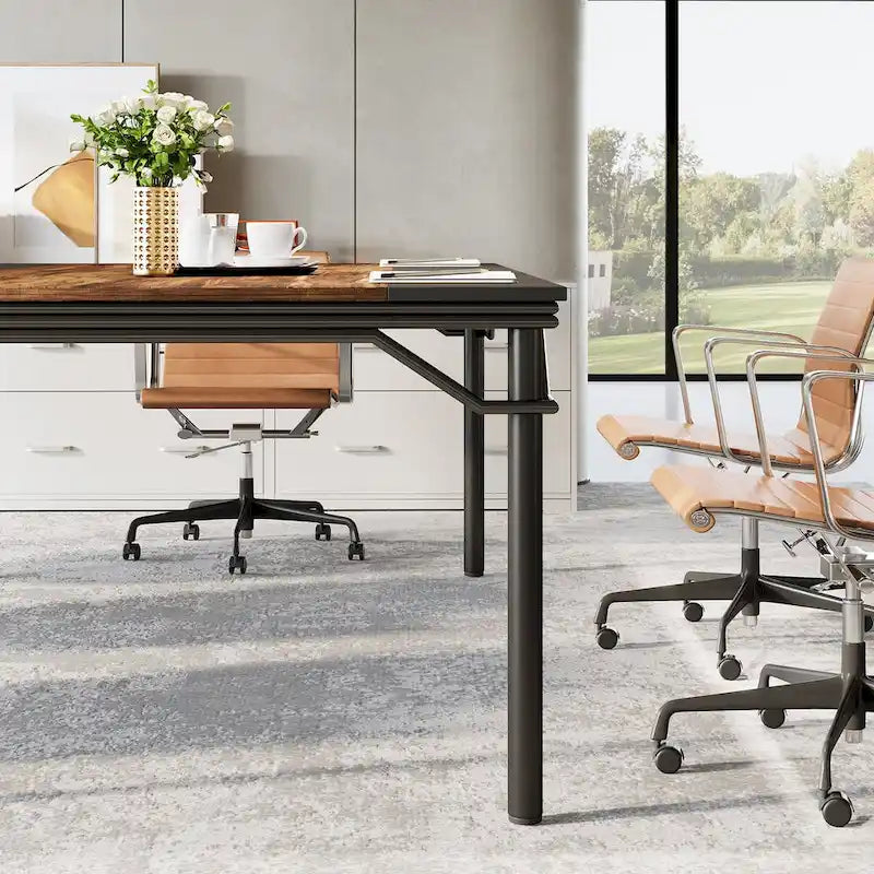 Table de conférence industrielle rustique marron et noire à plateau en bois et piètement en acier, 6-8 personnes
