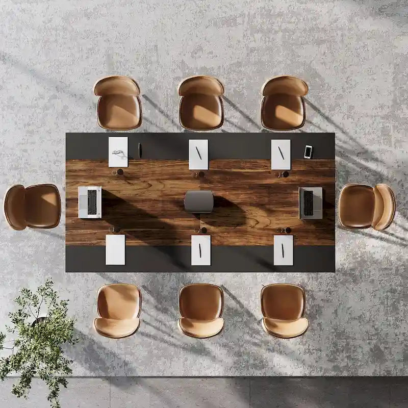 Table de conférence industrielle rustique marron et noire à plateau en bois et piètement en acier, 6-8 personnes