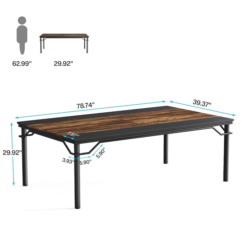 Table de conférence industrielle rustique marron et noire à plateau en bois et piètement en acier, 6-8 personnes