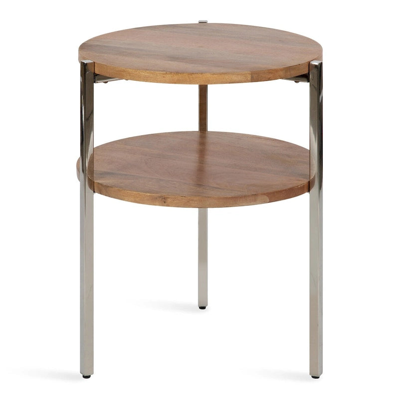 Table d'appoint ronde à 2 niveaux Naturel et argent avec plateaux en bois de manguier massif et pieds en acier inoxydable, style bohème, 1 personne