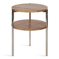 Table d'appoint ronde à 2 niveaux Naturel et argent avec plateaux en bois de manguier massif et pieds en acier inoxydable, style bohème, 1 personne