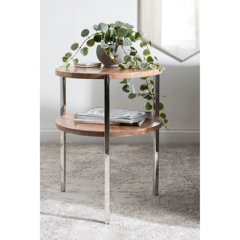 Table d'appoint ronde à 2 niveaux Naturel et argent avec plateaux en bois de manguier massif et pieds en acier inoxydable, style bohème, 1 personne