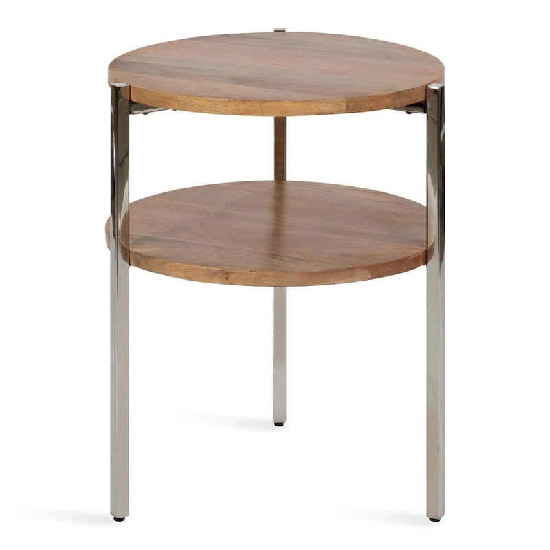 Table d'appoint ronde à 2 niveaux Naturel et argent avec plateaux en bois de manguier massif et pieds en acier inoxydable, style bohème, 1 personne