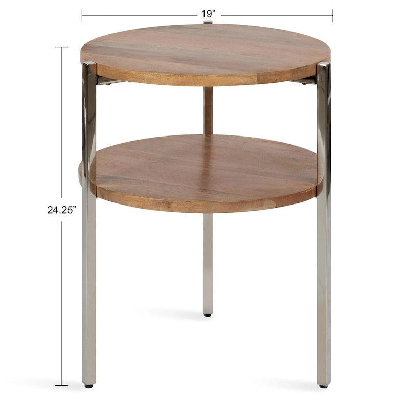 Table d'appoint ronde à 2 niveaux Naturel et argent avec plateaux en bois de manguier massif et pieds en acier inoxydable, style bohème, 1 personne