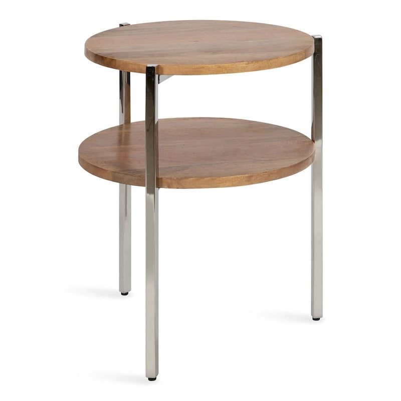 Table d'appoint ronde à 2 niveaux Naturel et argent avec plateaux en bois de manguier massif et pieds en acier inoxydable, style bohème, 1 personne