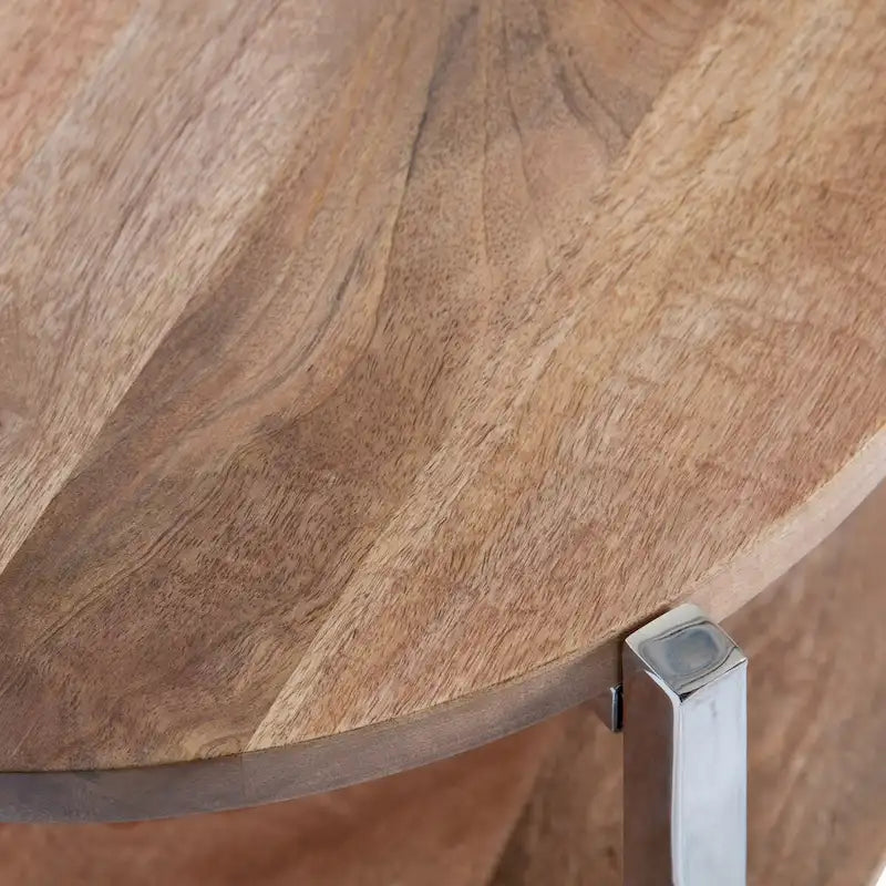 Table d'appoint ronde à 2 niveaux Naturel et argent avec plateaux en bois de manguier massif et pieds en acier inoxydable, style bohème, 1 personne