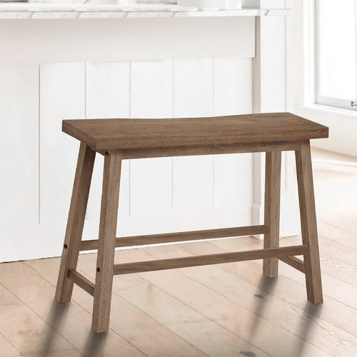 33 Inch Saddle Seat Bench with Angled Frame, Sandblasted Antique Brown Acacia Wood