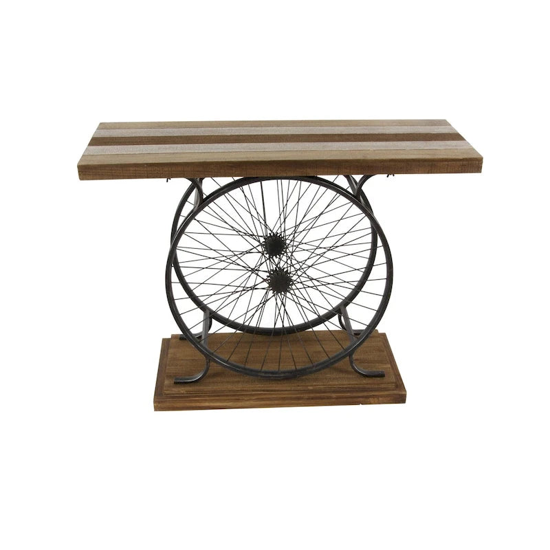 Table console industrielle à lattes marron/bleu avec cadre à deux roues et base à étages, 1 personne