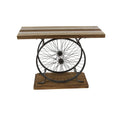 Table console industrielle à lattes marron/bleu avec cadre à deux roues et base à étages, 1 personne