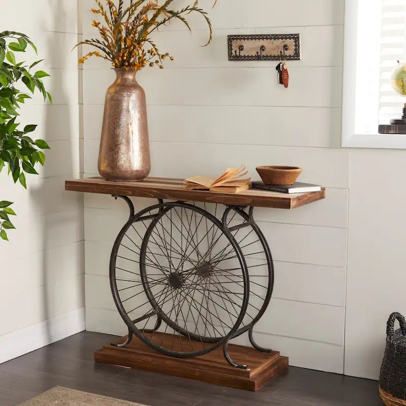 Table console industrielle à lattes marron/bleu avec cadre à deux roues et base à étages, 1 personne
