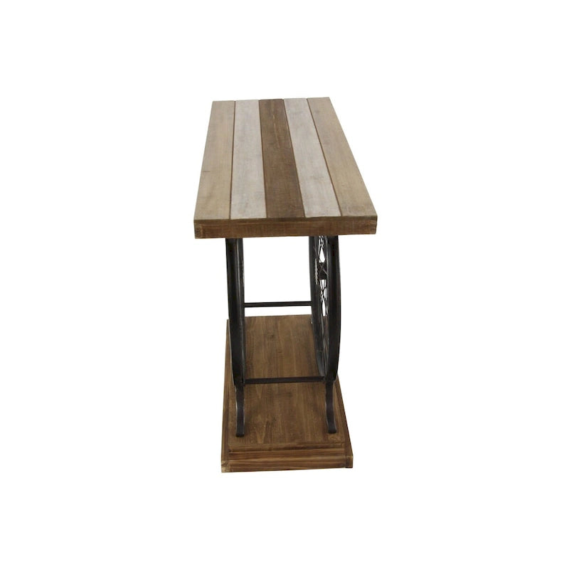 Table console industrielle à lattes marron/bleu avec cadre à deux roues et base à étages, 1 personne