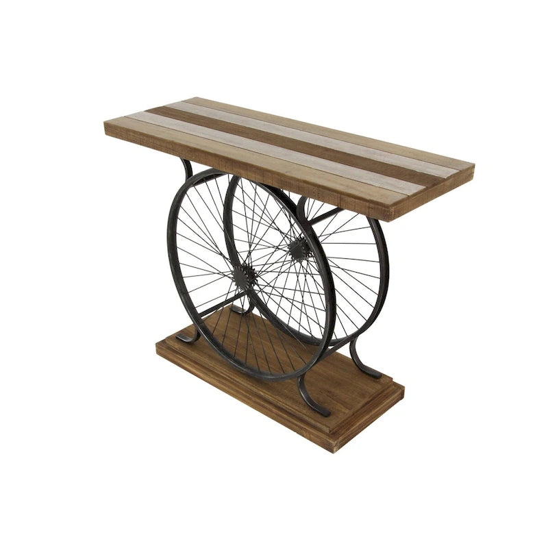 Table console industrielle à lattes marron/bleu avec cadre à deux roues et base à étages, 1 personne