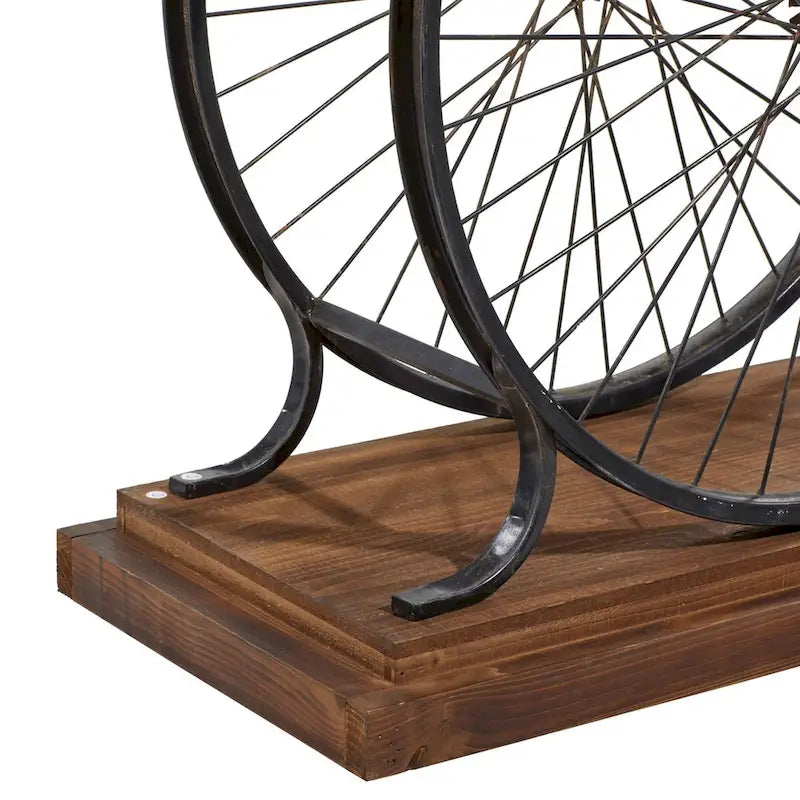 Table console industrielle à lattes marron/bleu avec cadre à deux roues et base à étages, 1 personne